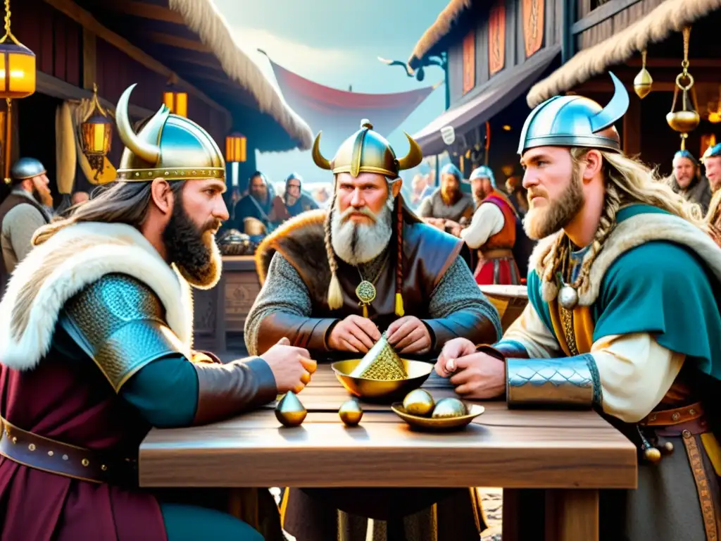 Ilustración detallada de estrategias comerciales vikingas negociar en bullicioso mercado con mercaderes extranjeros