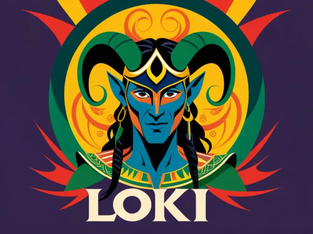 Ilustración detallada de Loki y Anansi con expresiones astutas, rodeados de símbolos de travesura y sagacidad de sus culturas