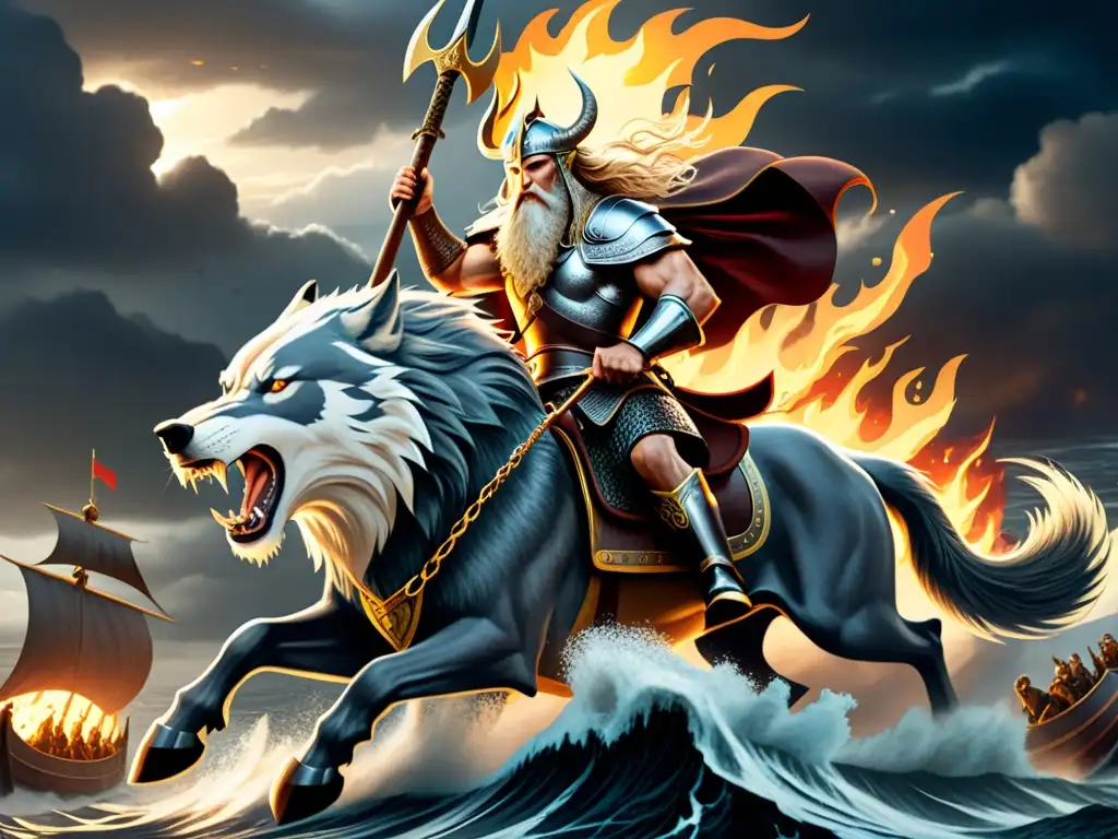 Ilustración detallada del Ragnarök: Odin en Sleipnir, Fenrir rompiendo cadenas y Naglfar