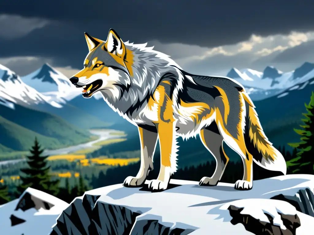 Ilustración detallada de Fenrir, el lobo nórdico, en paisaje mítico