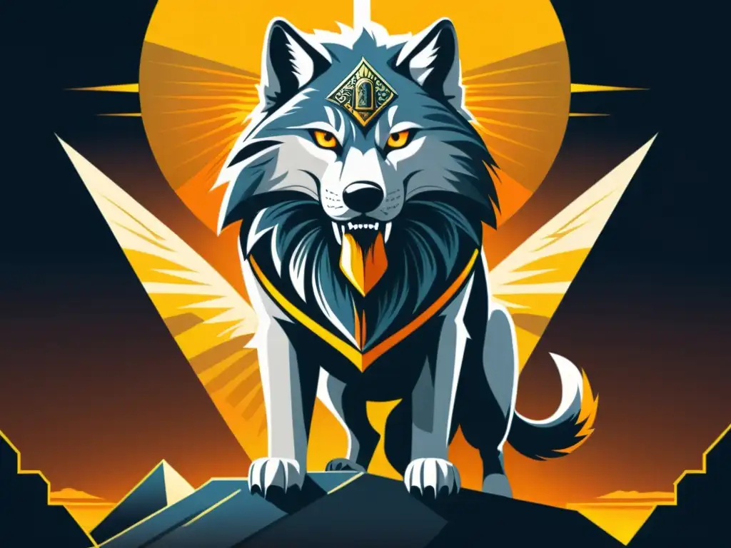 Ilustración detallada del feroz lobo nórdico Fenrir frente a una enigmática esfinge egipcia, fusionando mitología vikinga y egipcia