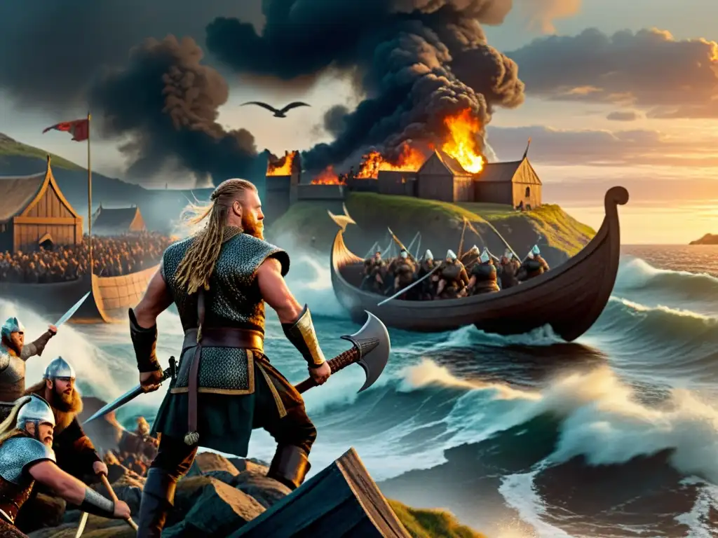 Ilustración detallada de Ragnar Lothbrok liderando un feroz saqueo vikingo al anochecer