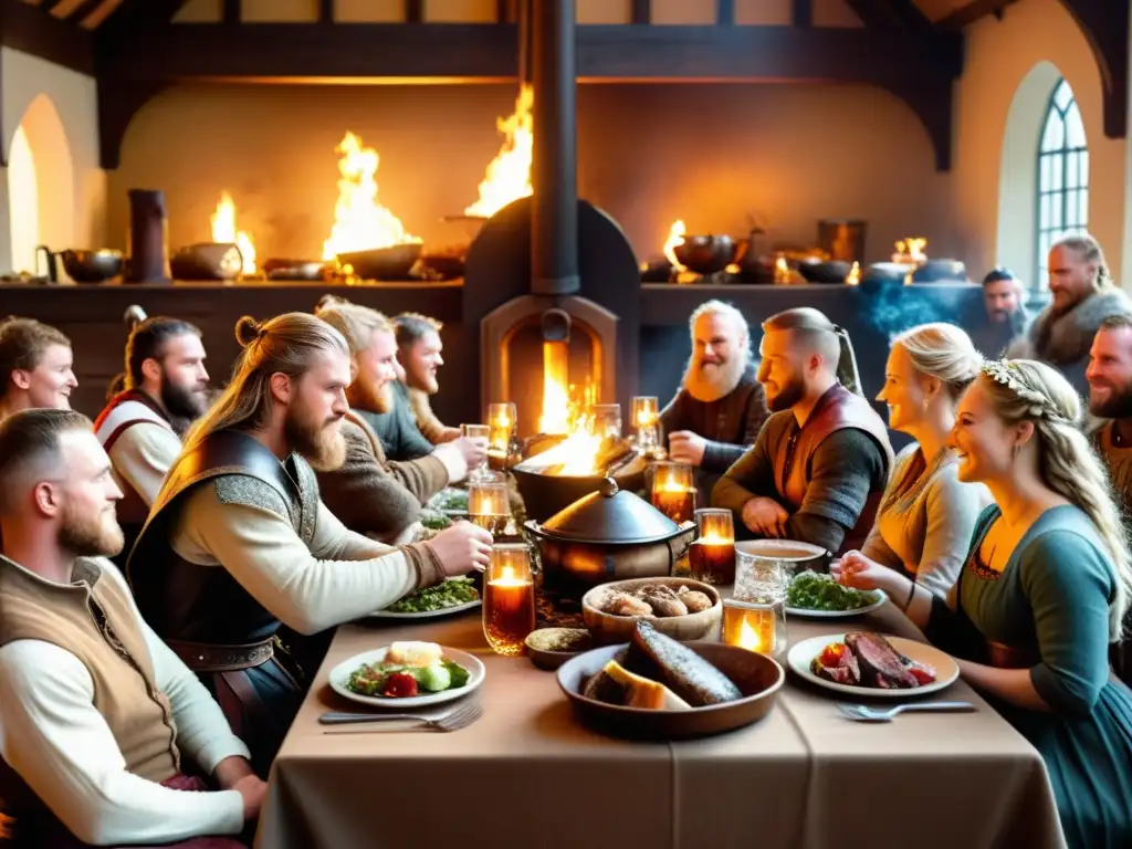 Ilustración detallada de un festín vikingo en un gran salón con comida y ale