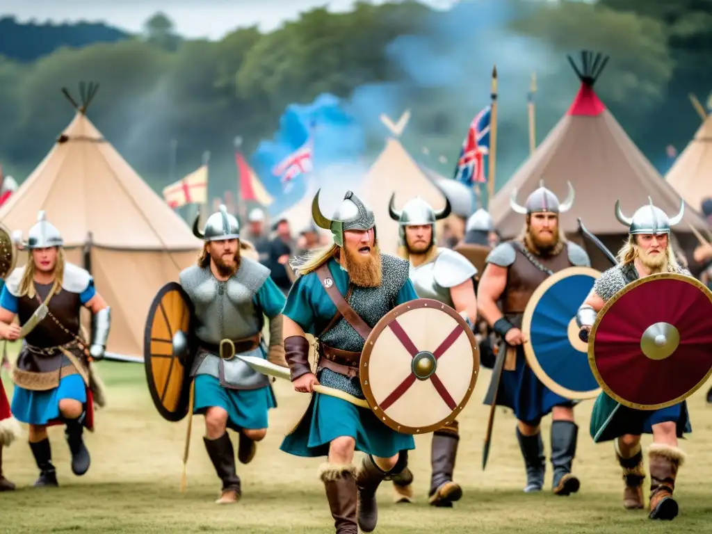 Recreación detallada de un festival vikingo moderno, con participantes vestidos como guerreros vikingos en batallas precisas