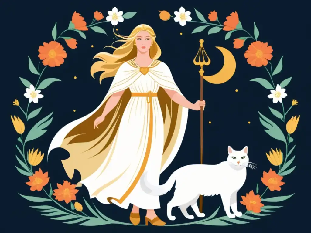 Ilustración detallada de Freyja y Afrodita en un paisaje místico y elegante, representando la mitología vikinga