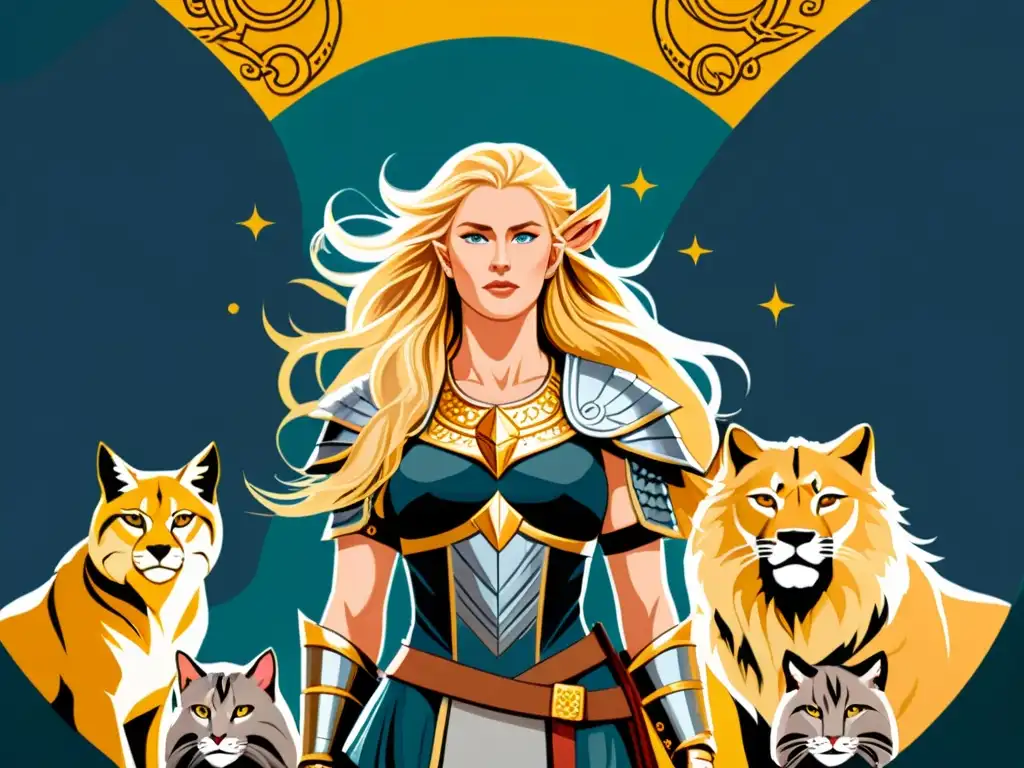 Ilustración detallada de Freyja, diosa nórdica del amor y la guerra, rodeada de guerreros y felinos, en un paisaje místico de la mitología de Freyja en vikingos