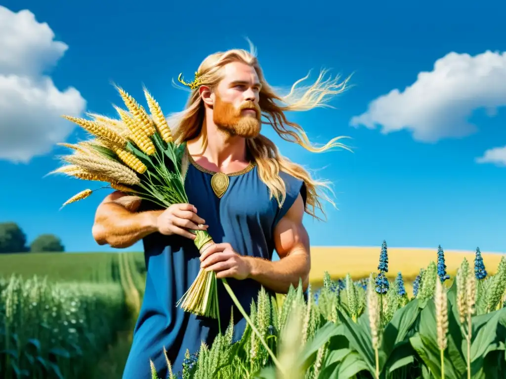 Ilustración detallada de Freyr, dios de la fertilidad, en un campo exuberante rodeado de cultivos florecientes y silvestres