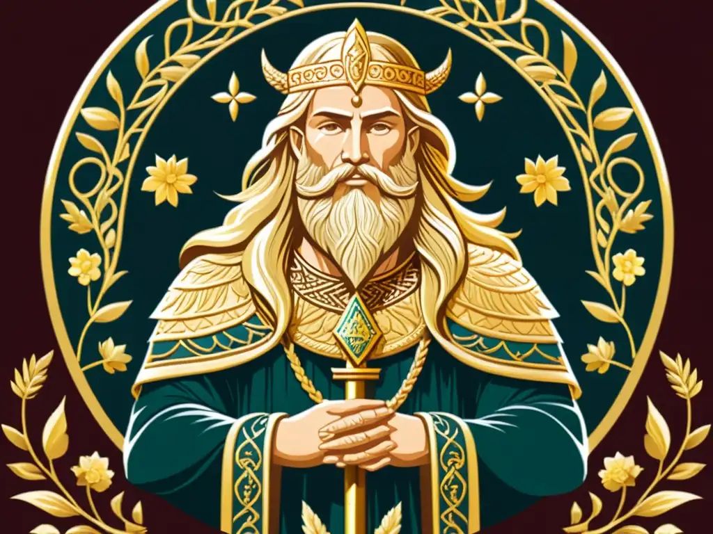 Ilustración detallada de Freyr, dios nórdico de la fertilidad y la prosperidad, sentado en un trono majestuoso adornado con símbolos rúnicos