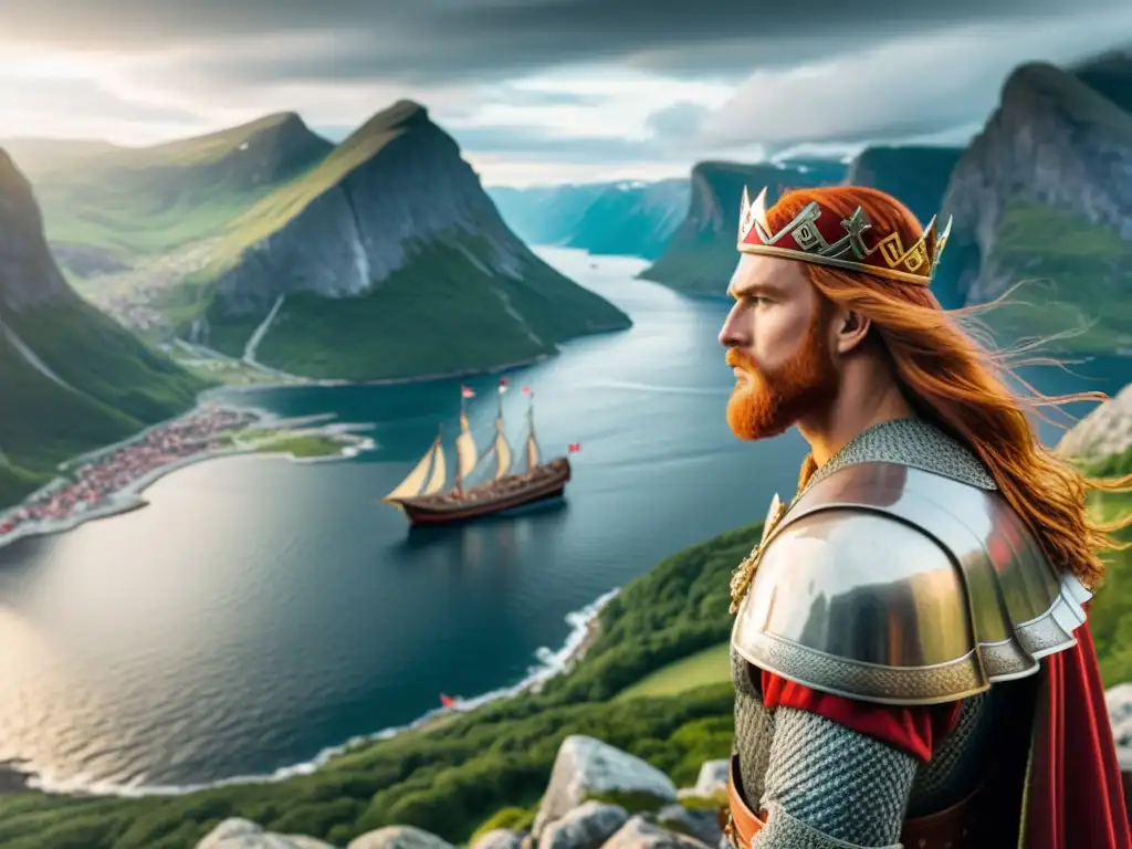 Ilustración detallada de Harald Cabello Hermoso con su ejército y barcos, simbolizando la unificación y expansión de Noruega