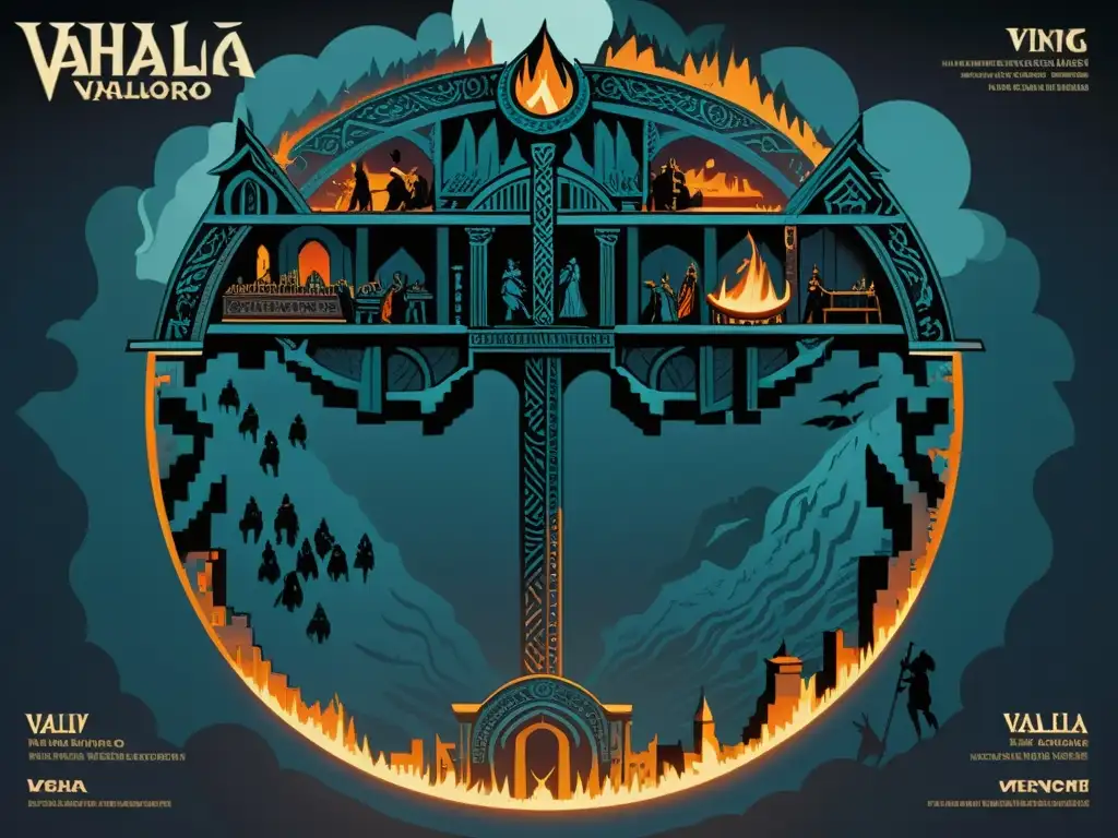 Ilustración detallada de Valhalla y Helheim, destinos en la cosmovisión vikinga