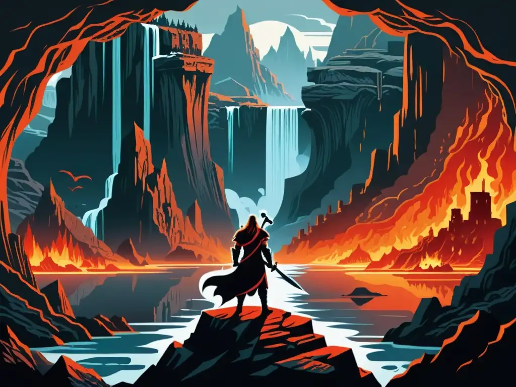 Ilustración detallada de Helheim y Hades: paisajes neblinosos y figuras sombrías frente a ríos de lava y cuevas ominosas