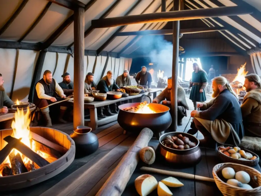 Vikingos preparando un festín en una casa larga Recreación detallada de un hogar vikingo con actividad culinaria