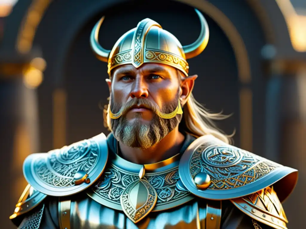 Detallada imagen en alta resolución de un jefe vikingo con joyas de oro, destacando la artesanía y el estatus en la jerarquía social vikinga