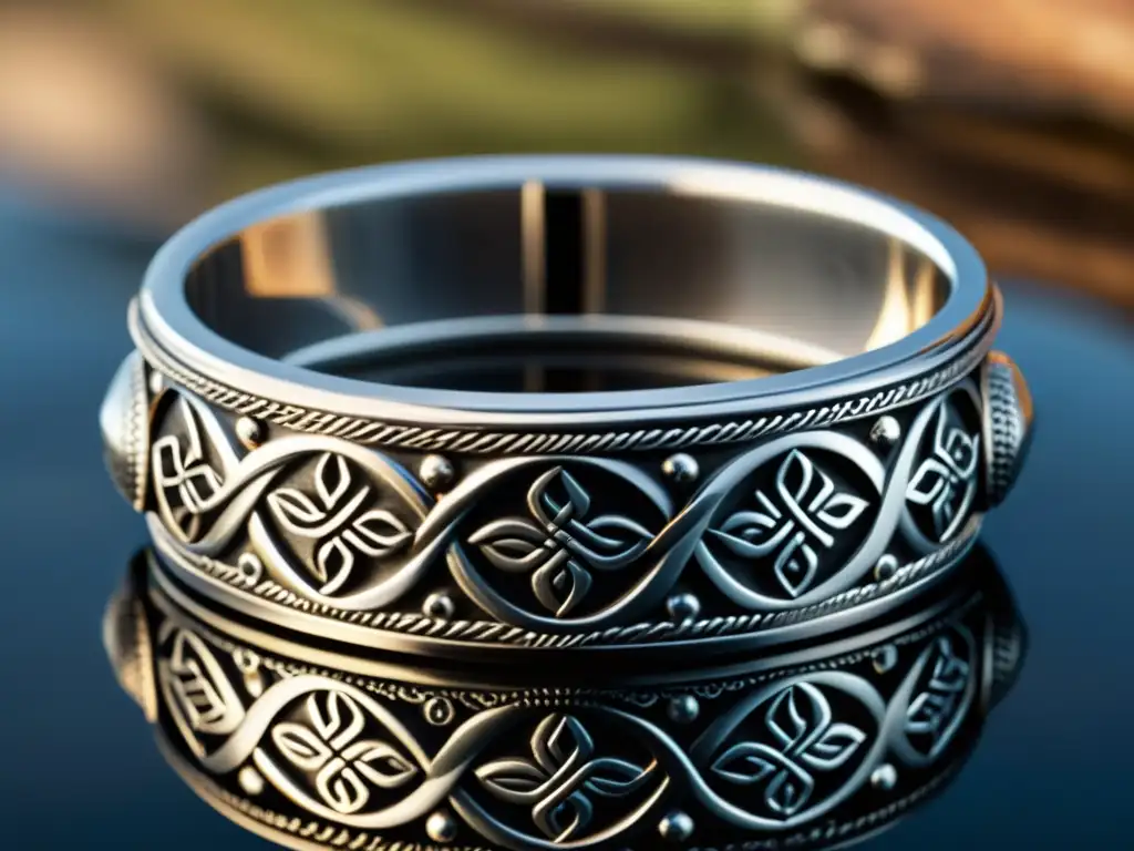 Una detallada imagen de un brazalete vikingo de plata con intrincados diseños de nudos, reflejando la artesanía y simbolismo vikingo