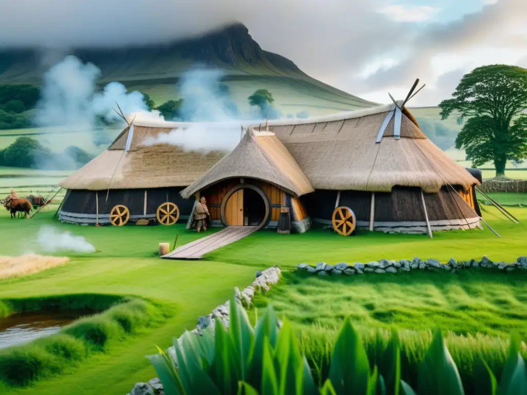 Una detallada imagen de una casa vikinga rodeada de naturaleza, con vikingos innovando en la gestión de tierras