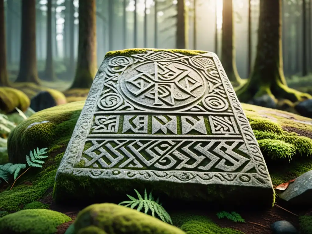 Detallada imagen de un enigmático runestone vikingo en Suecia, con símbolos nórdicos y musgo, en un bosque sueco