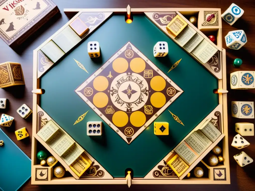 Detallada imagen de mesa con juegos de mesa temáticos vikingos, destacando la complejidad y la temática