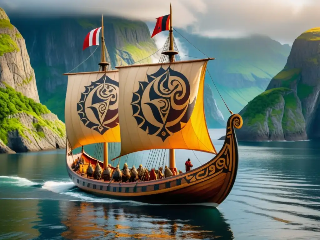 Una detallada imagen de un modelo de barco vikingo histórico, con grabados en madera, proa en forma de dragón y vela colorida con símbolos nórdicos