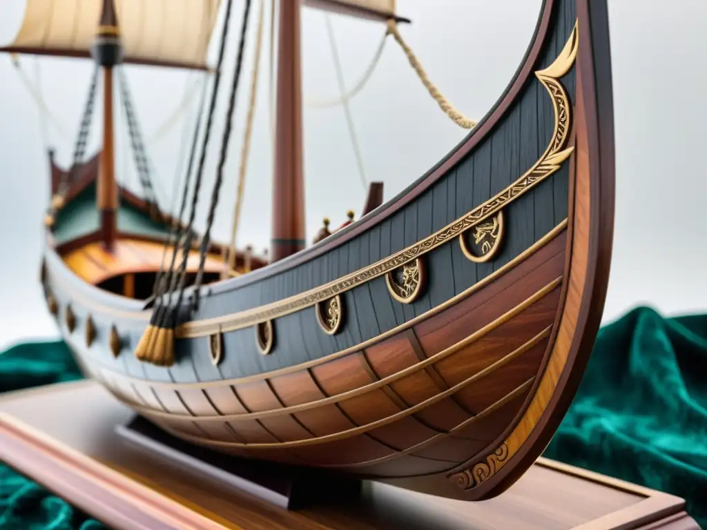 Detallada imagen de un modelo estilizado de barco vikingo, destacando su elegancia y artesanía