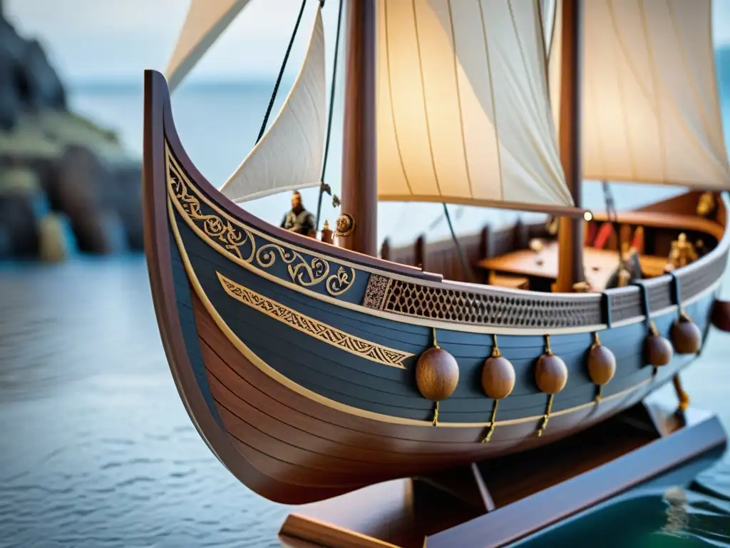 Detallada imagen de un modelo perfecto de barco vikingo, con intrincados detalles de madera y velas tejidas, junto a artefactos vikingos