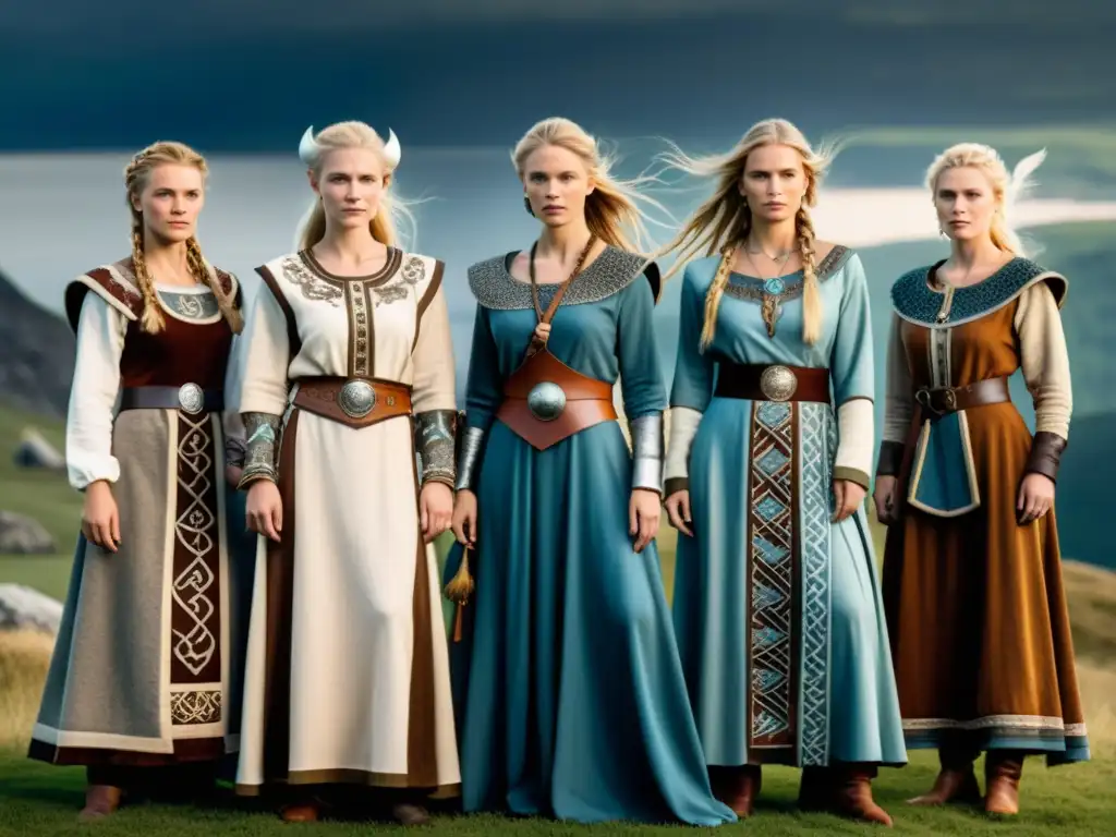 Detallada imagen 8k de mujeres vikingas con moda nórdica, destacando la evolución de la vestimenta