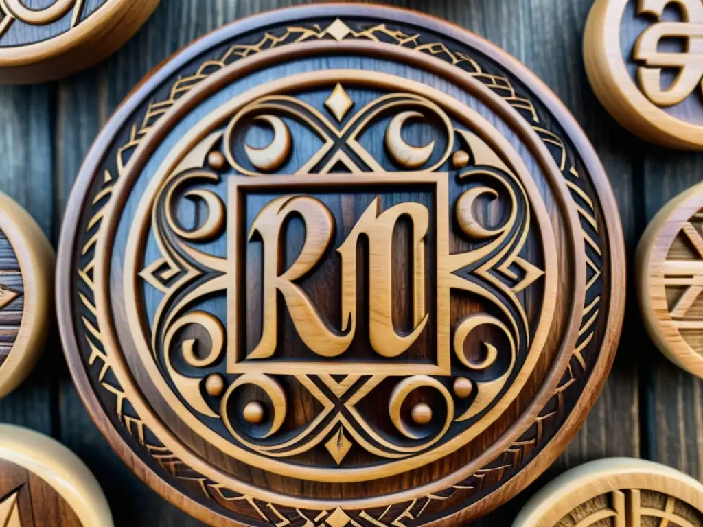 Runas ancestrales: detallada artesanía en madera Detallada imagen de un set de runas talladas en madera, evocando sabiduría ancestral