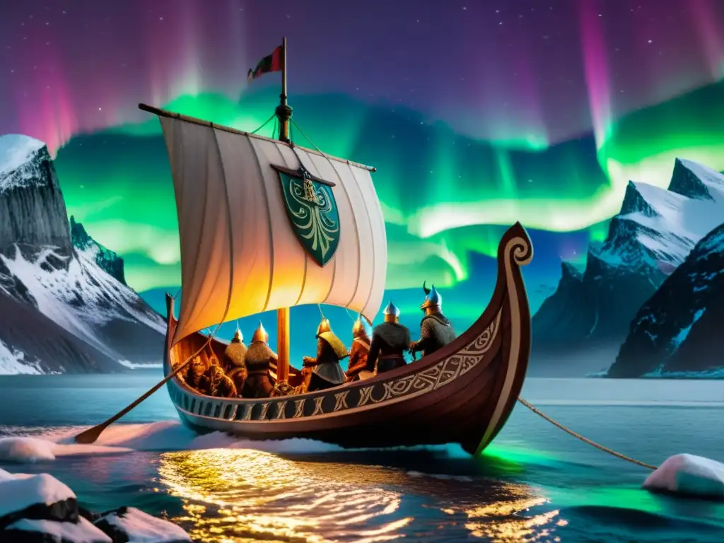 Una detallada imagen de un drakkar vikingo adornado con intrincados tallados y escudos coloridos, navegando bajo un cielo lleno de auroras boreales