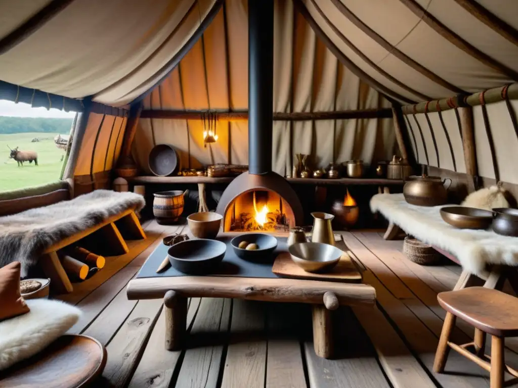 Vida cotidiana vikinga: reconstrucción histórica detallada Recreación detallada de un interior de casa vikinga con actividades diarias