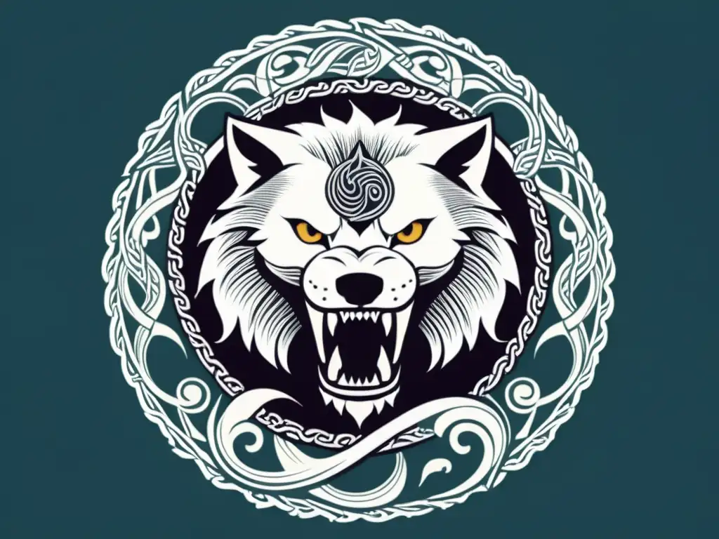 Ilustración detallada de Fenrir, Jörmungandr y Hel, descendencia de Loki, en un estilo dinámico y mitológico