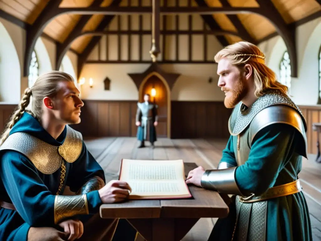 Duelo poético en Islandia: Gunnlaug vs Ilustración detallada de Gunnlaug Serpiente de Lengua y su rival, Hrafn, en un duelo poético en un salón medieval islandés
