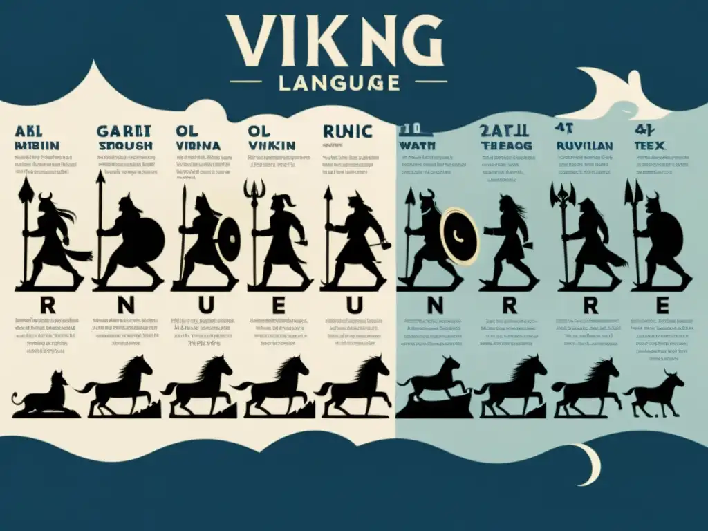 Ilustración detallada de la evolución de lenguas vikingas: desde inscripciones rúnicas hasta idiomas escandinavos modernos