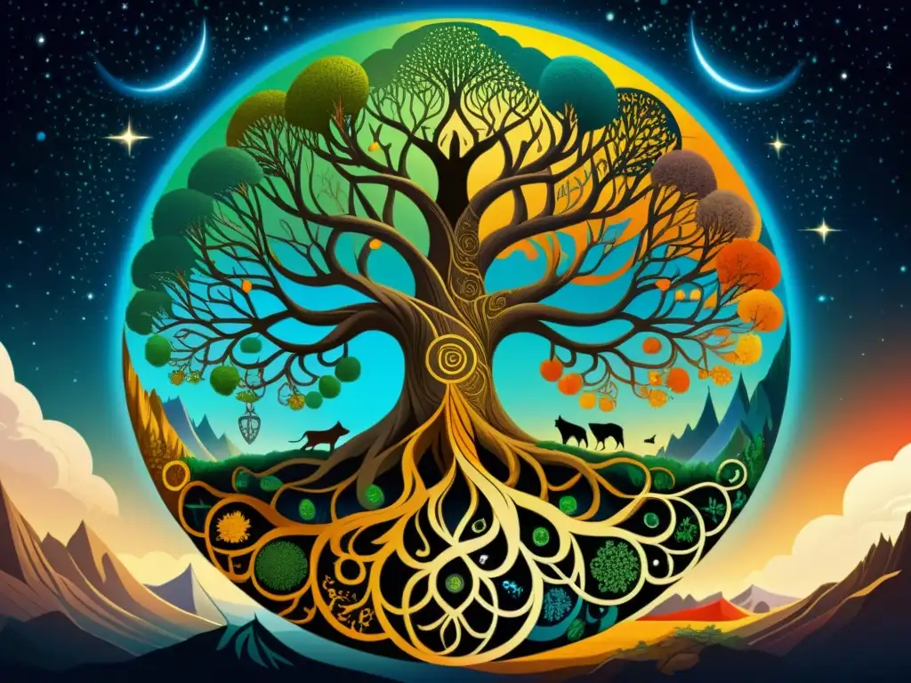 Ilustración detallada del majestuoso árbol Yggdrasil en la cosmología vikinga