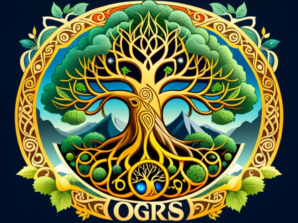 Detallada ilustración del majestuoso Yggdrasil vikingo, con símbolos rúnicos que cuentan historias de los reinos