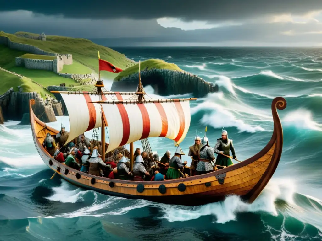 Ilustración detallada de un manuscrito medieval que documenta las conquistas vikingas en literatura, con guerreros navegando en drakkars y combatiendo en tierras salvajes y mares tormentosos