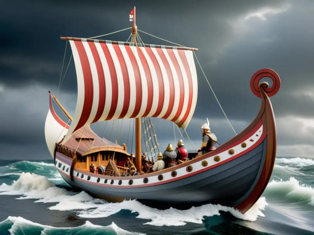 Detallada maqueta de un barco vikingo a escala, con impresionante artesanía y paisaje costero tormentoso