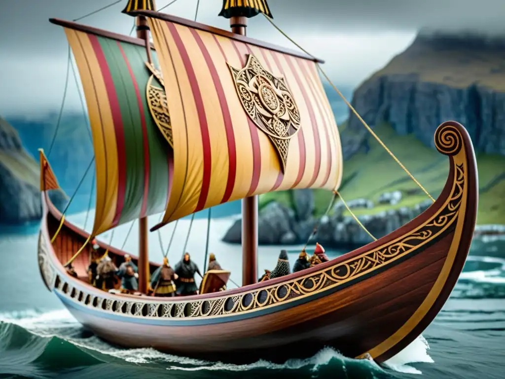 Detallada maqueta de un impresionante drakkar vikingo, con tallados en madera y velas coloridas, en un escenario nórdico