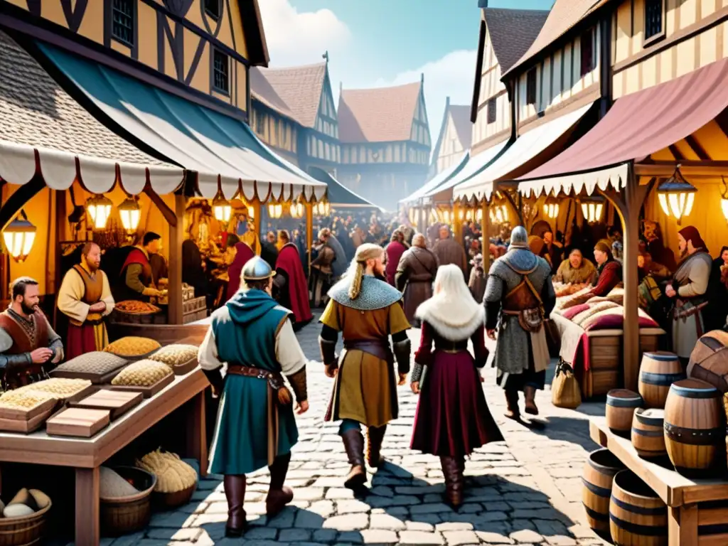 Ilustración detallada de mercado medieval con impacto vikingo en moda medieval