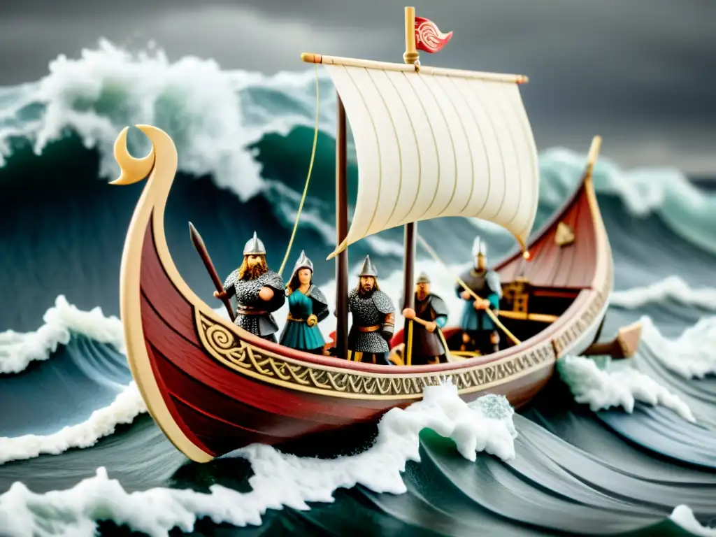 Detallada miniatura de barco vikingo con figuras en el mar tormentoso