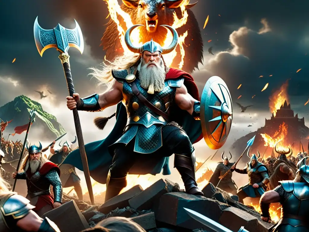 Ilustración detallada del Ragnarok de la mitología nórdica, con Odin, Thor y Loki en combate épico entre caos y destrucción