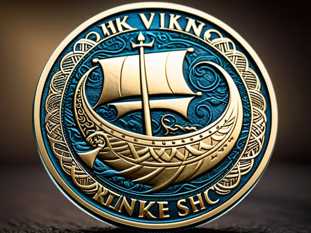 Detallada moneda con grabados de barco vikingo y inscripciones rúnicas, reflejando las raíces nórdicas en la numismática actual