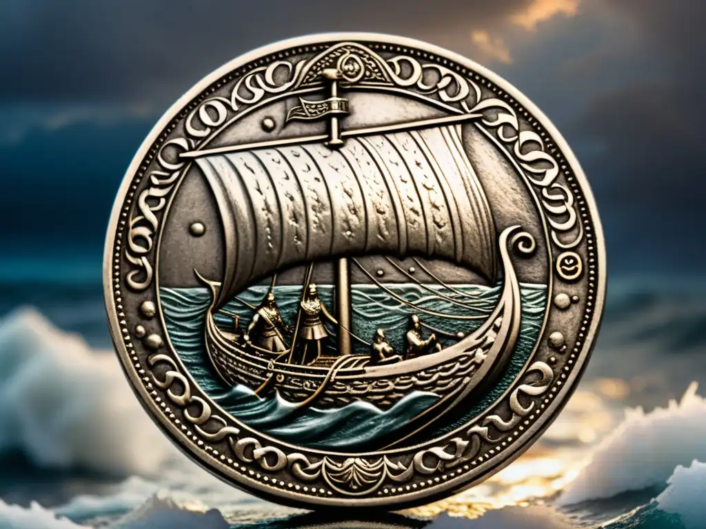 Detallada moneda vikinga antigua con grabados de barco vikingo en tempestad, ideal para coleccionar monedas vikingas antiguas