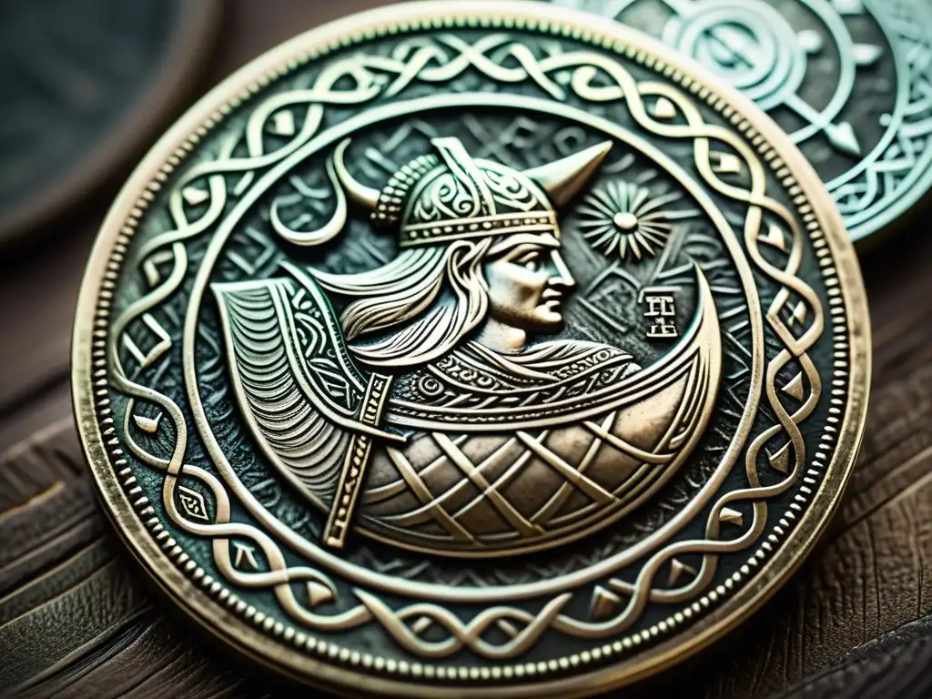 Detallada moneda vikinga antigua con diseño de drakkar y guerrero vikingo, ideal para coleccionar monedas vikingas antiguas