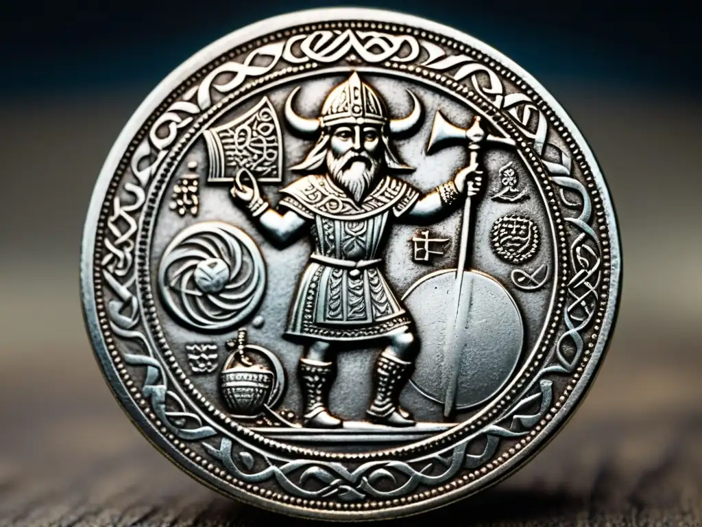 Detallada moneda vikinga de plata con grabados de mitología nórdica