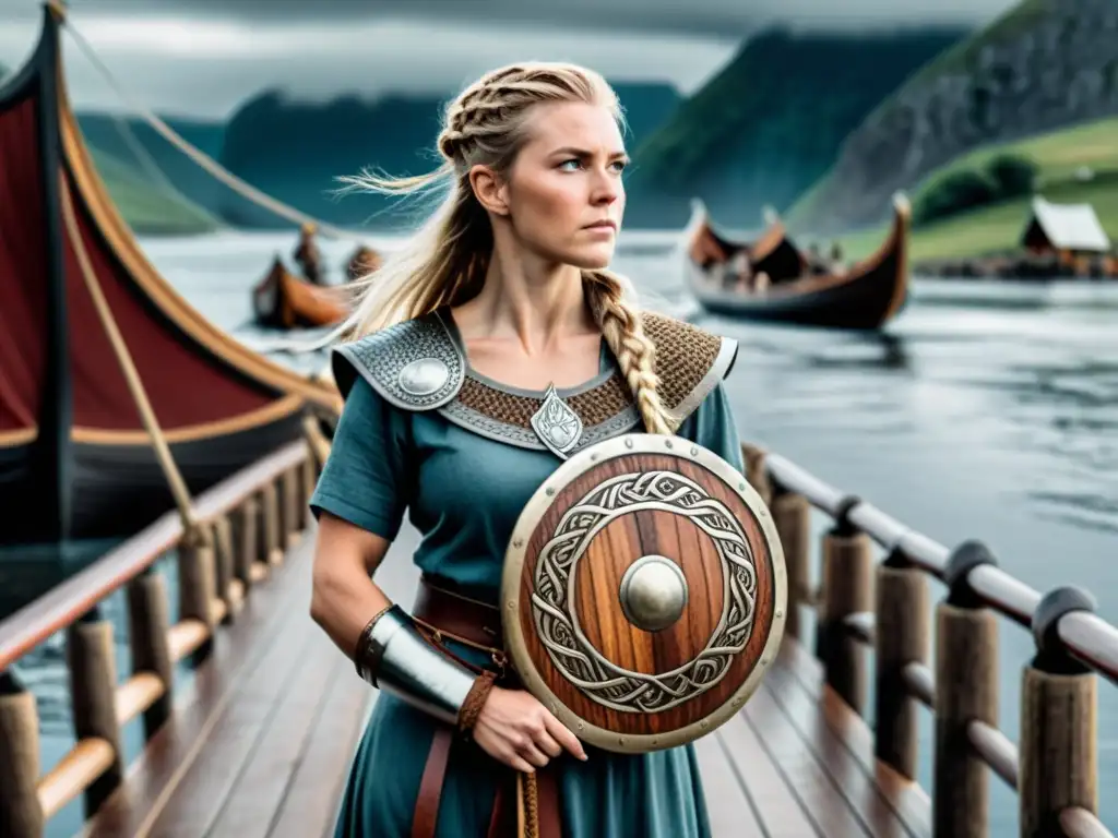 Ilustración detallada de una mujer vikinga en un barco largo, mostrando fuerza y valentía