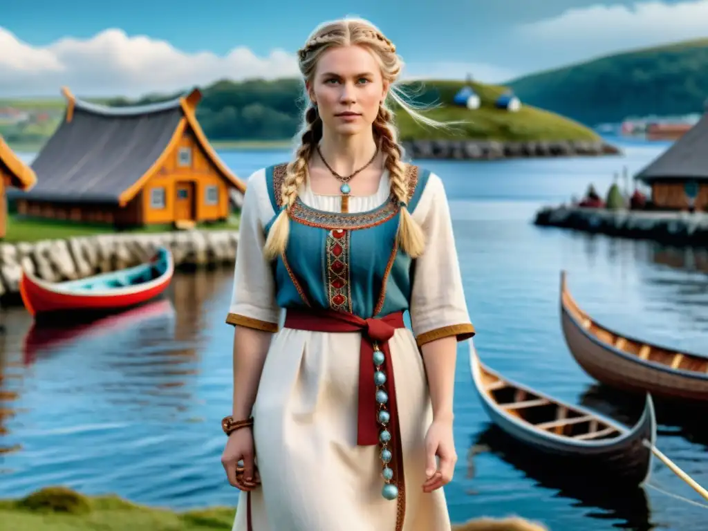 Ilustración detallada de una mujer vikinga con vestido de lino bordado y un delantal de lana, peinado con trenzas y adornos