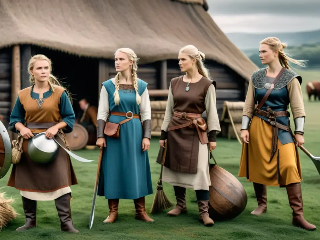 Ilustración detallada de mujeres vikingas en diversas actividades, mostrando su papel en la vida cotidiana al final de la era vikinga