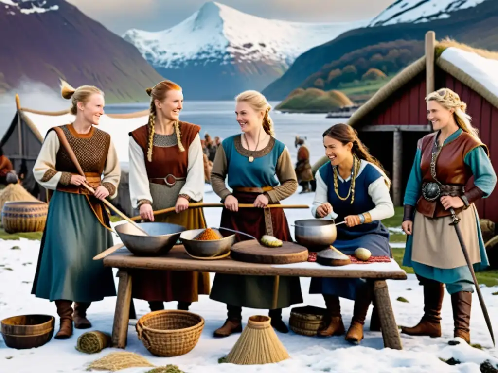 Ilustración detallada de mujeres vikingas en diversas actividades en una aldea vikinga, destacando los roles de 'Mujeres en la sociedad vikinga'