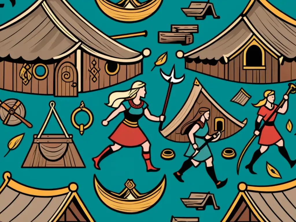 Ilustración detallada de mujeres vikingas desempeñando roles diversos y rompiendo estereotipos de género en la sociedad vikinga