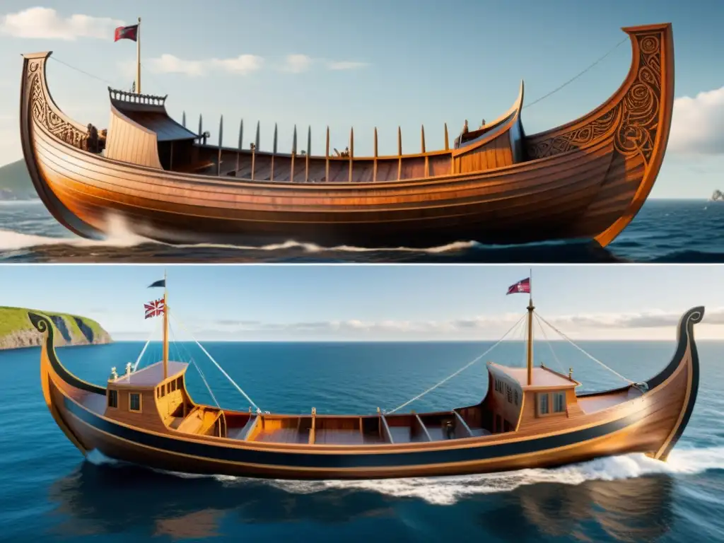 Comparación detallada: nave vikinga tradicional y moderna, reflejando Técnicas de navegación vikingas modernas