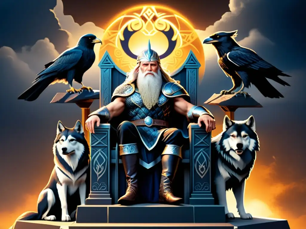 Ilustración detallada de Odin, el Padre de Todos de la mitología nórdica, en su trono en Asgard, rodeado de sus animales y guerreros en Valhalla